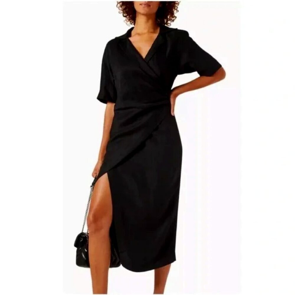 NWT SANDRO PARIS Clarence Linen Wrap-effect Midi Dress Black 6 MSRP $515